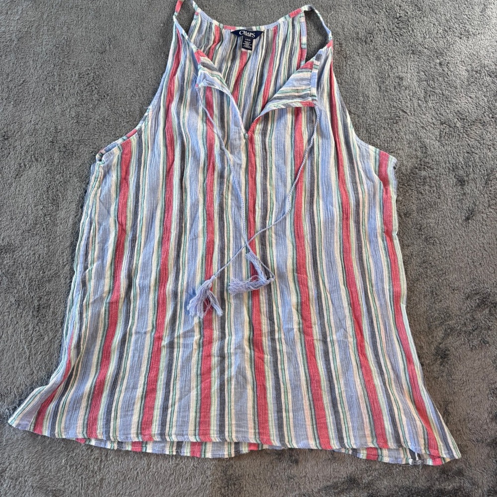 Chaps Denim Womens Large Striped Sleeveless Tank Top Tassel‎ Tie Blue Red Gauze